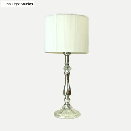 Modern Chrome Night Table Lamp With Barrel Shade - Bedroom Desk Light