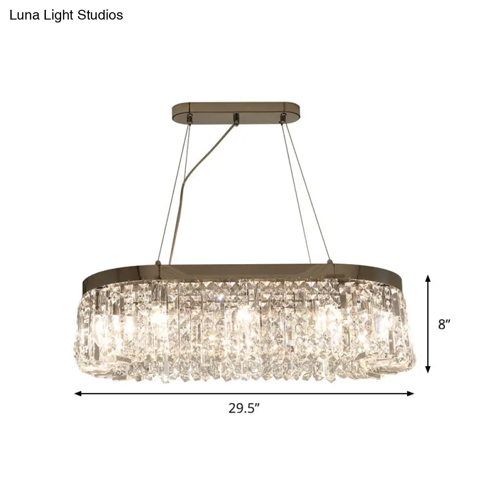 Modern Chrome Oval Island Lamp With Crystal Accents - 10 Head Suspension Pendant Light For Dining