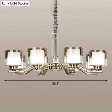 Modern Chrome Restaurant Chandelier With Cylindrical Frosted And Smoke Grey Glass