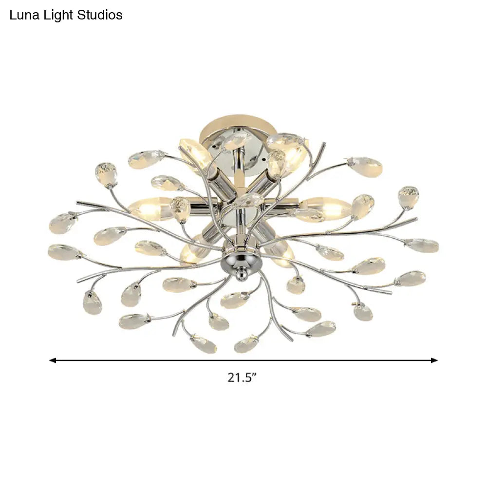 Modern Chrome Semi Flush Chandelier With Crystal Accents - 6 Light