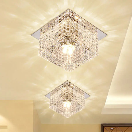 Modern Chrome Square Flush Mount Led Crystal Ceiling Light With Dome Shade In