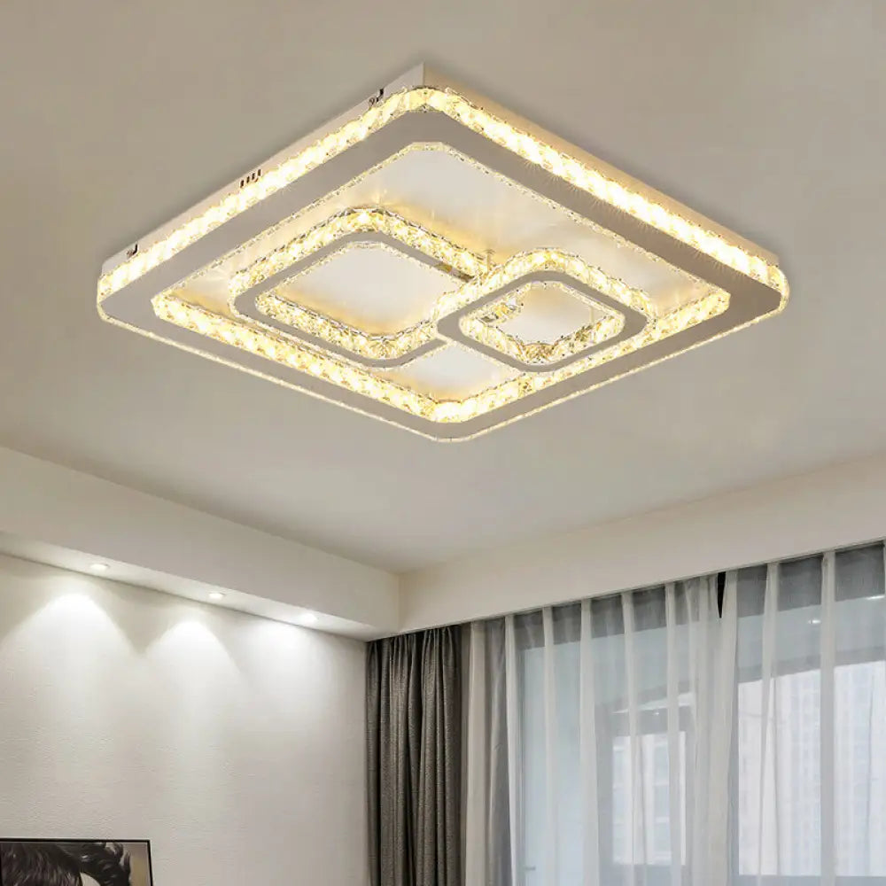 Modern Chrome Square Led Flush Mount Ceiling Lamp With Warm/White Light And Beveled Glass Available