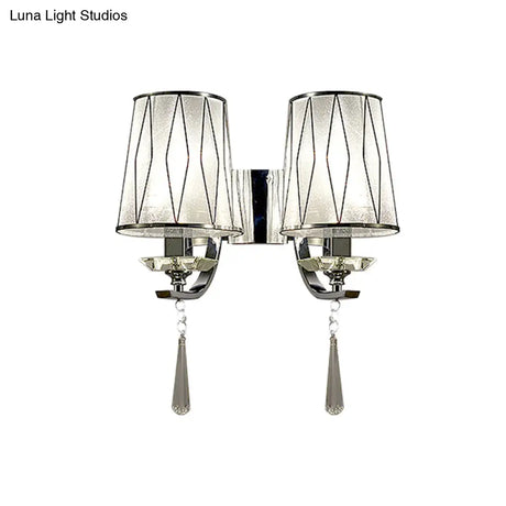 Modern Chrome Wall Lamp With K9 Crystal Drop And Diamond-Pattern Barrel Design