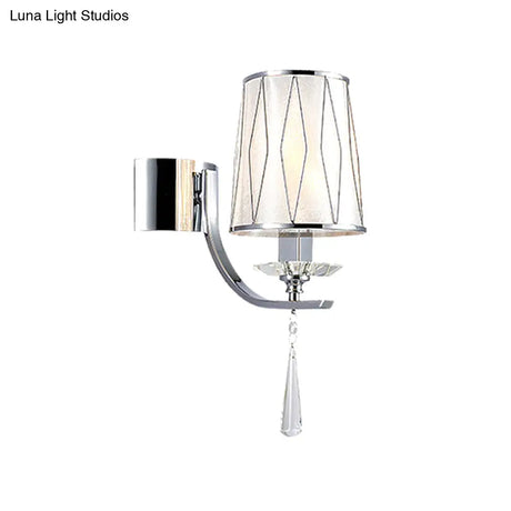 Modern Chrome Wall Lamp With K9 Crystal Drop And Diamond-Pattern Barrel Design