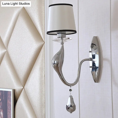Modern Chrome Wall Lamp With Tapered Fabric Shade - Stylish Living Room Sconce Light