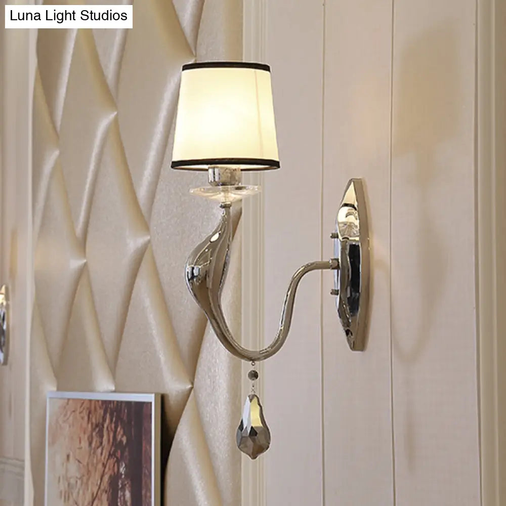 Modern Chrome Wall Lamp With Tapered Fabric Shade - Stylish Living Room Sconce Light