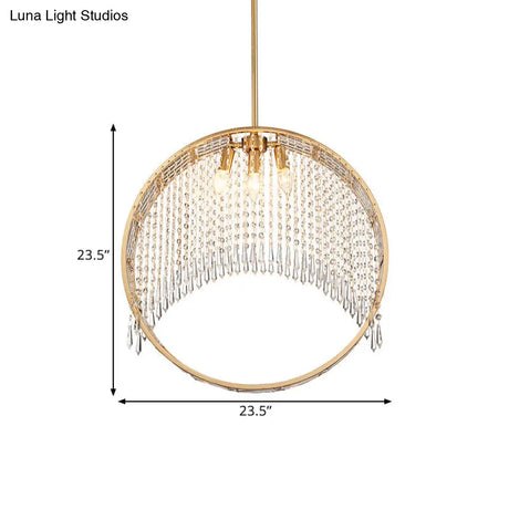 Modern Circle Drop Pendant Iron Chandelier - Gold With Crystal Drapes