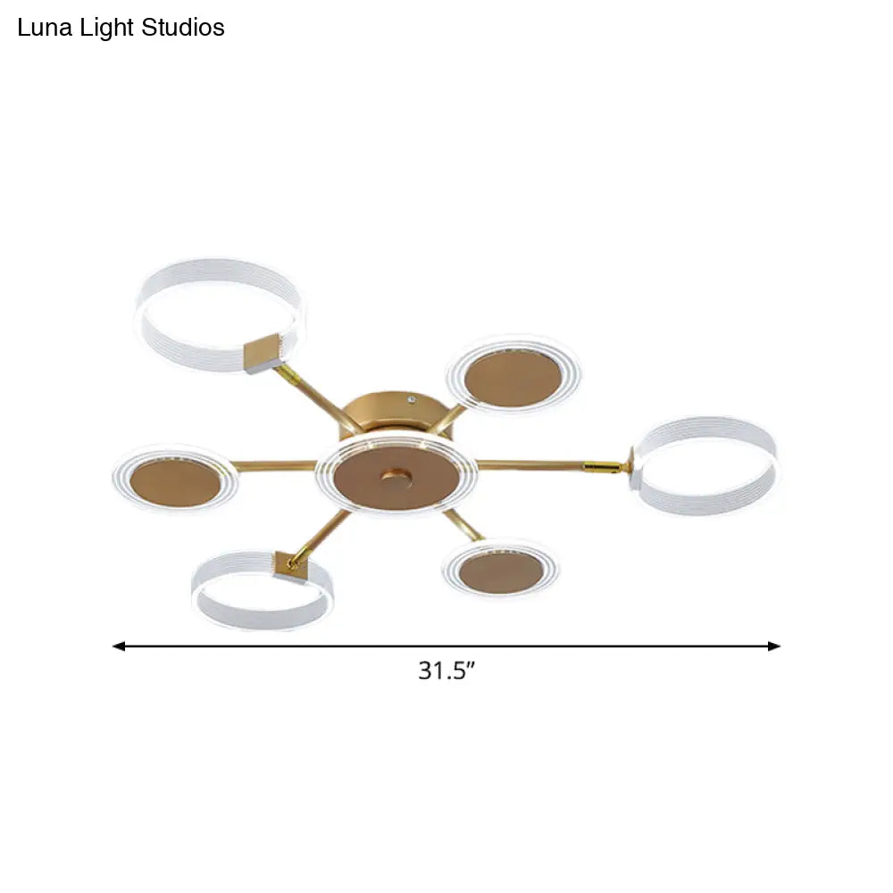 Modern Circle Semi Flush Acrylic Led Ceiling Light In Gold - 31.5’/39’ 7/9 Heads Warm/White For