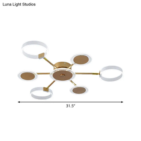 Modern Circle Semi Flush Acrylic Led Ceiling Light In Gold - 31.5’/39’ 7/9 Heads Warm/White For