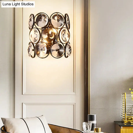 Modern Circles Wall Mount Light With Clear Crystal And Metal Detailing - Black Finish 2-Bulb Bedroom