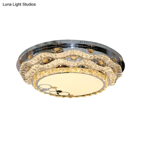 Modern Circular Led Ceiling Fixture With Clear Cut Crystal Blocks Stainless Steel