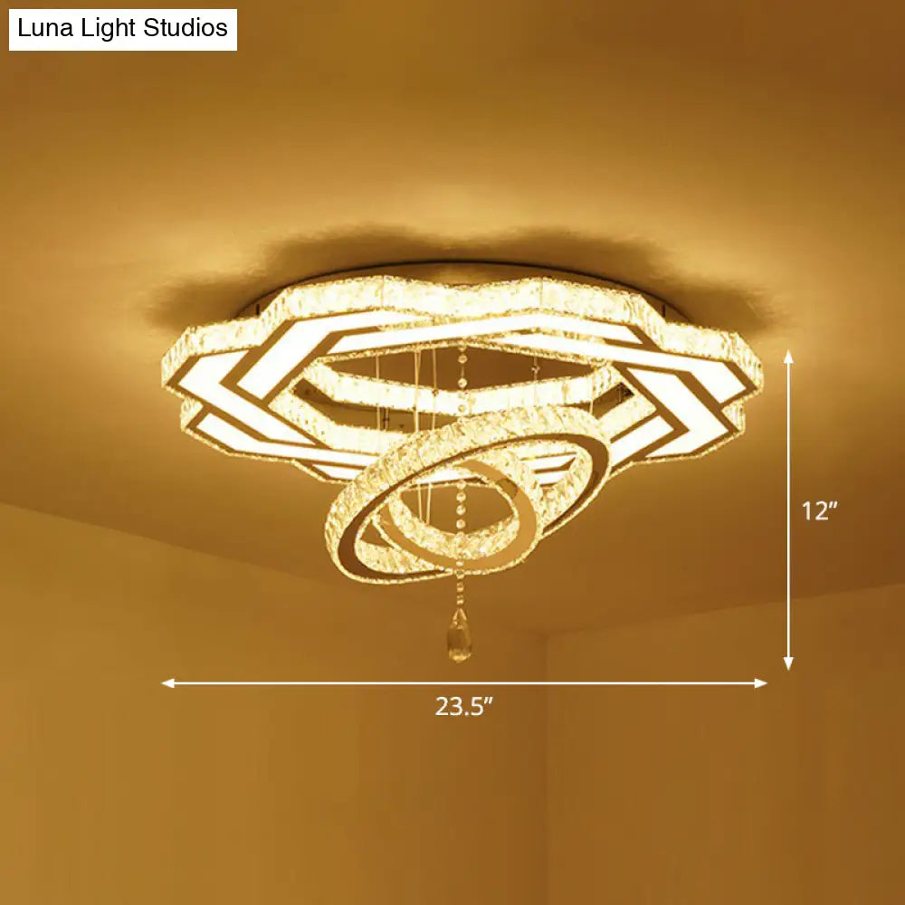 Modern Circular Led Flushmount With Clear Crystal For Living Room Ceiling / 23.5’ Flower