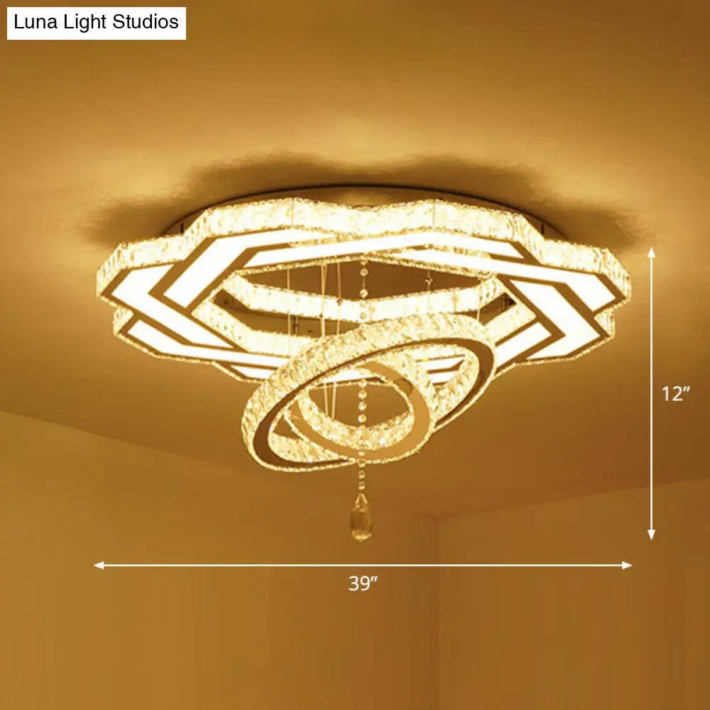 Modern Circular Led Flushmount With Clear Crystal For Living Room Ceiling / 39’ Flower