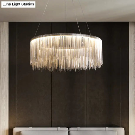 Modern Circular Metal Tassel Chain Chandelier - Living Room Pendant Lamp With 3-Colored Led Lights