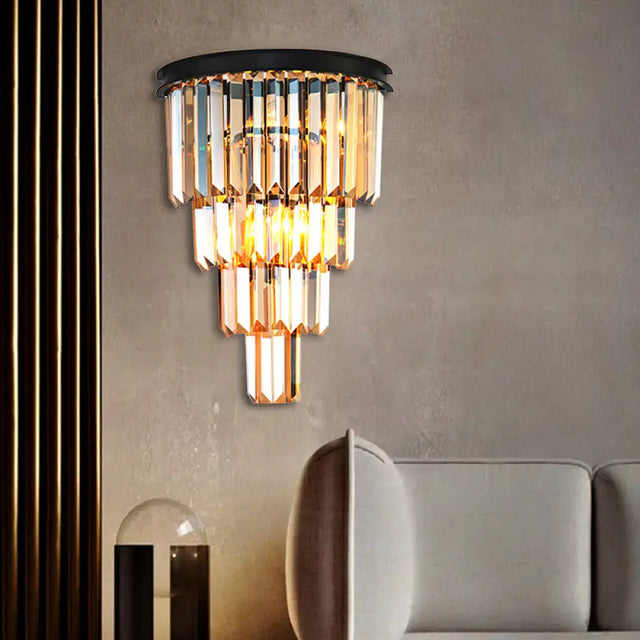 Modern Clear/Amber Layered Wall Light Sconce With Crystal Accents - 2-Light Mounted Lamp For Living
