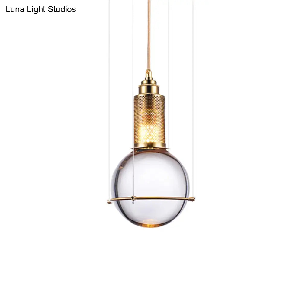 Clear Crystal Ball Pendant Lamp With Led Light - Modern Design Gold Mesh Cage Bedroom Hanging In
