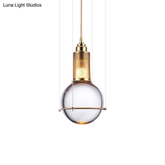 Clear Crystal Ball Pendant Lamp With Led Light - Modern Design Gold Mesh Cage Bedroom Hanging In