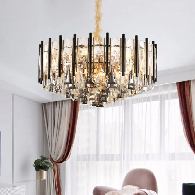 Modern Clear Crystal Chandelier with 12 Tapered Heads and Triangular Drops Black Tubes Clear