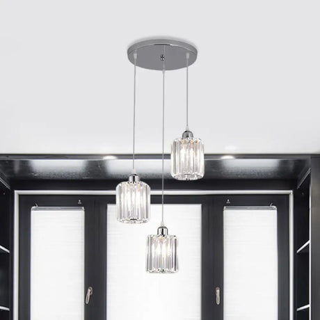 Modern Clear Crystal Cylinder Pendant Light With Chrome Finish - 3 Bulb Hanging Lamp Kit