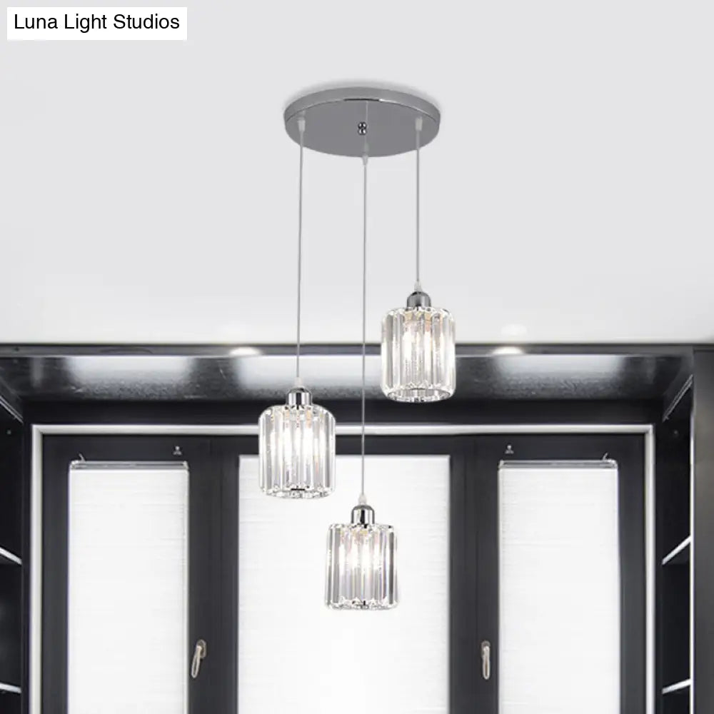 Modern Clear Crystal Cylinder Pendant With Chrome Finish - 3 Bulb Hanging Lamp Kit