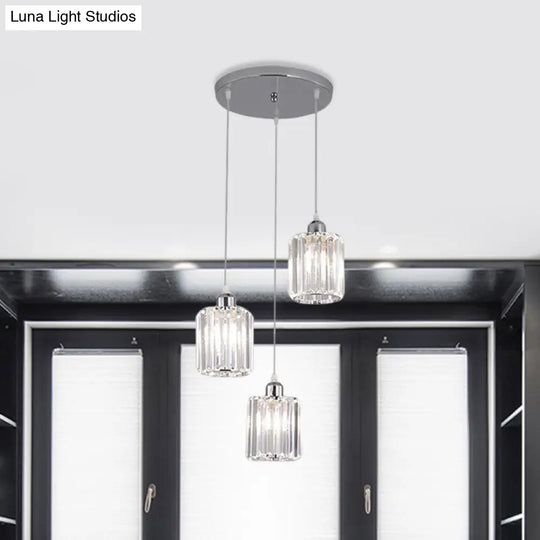 Modern Clear Crystal Cylinder Pendant With Chrome Finish - 3 Bulb Hanging Lamp Kit