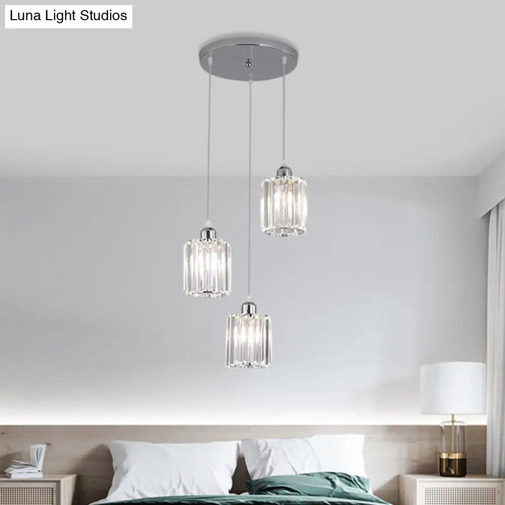 Modern Clear Crystal Cylinder Pendant Light With Chrome Finish - 3 Bulb Hanging Lamp Kit