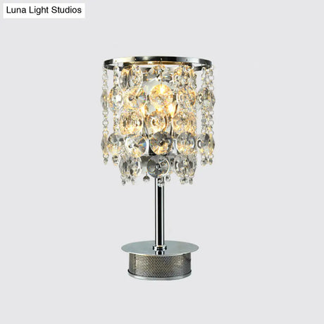 Modern Clear Crystal Tassel Desk Lamp With Metallic Base - 2 Bulbs Night Table Light