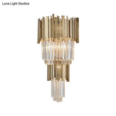 Modern Clear Crystal Tiered 2-Bulb Golden Wall Sconce Light - 8/12 W Metal