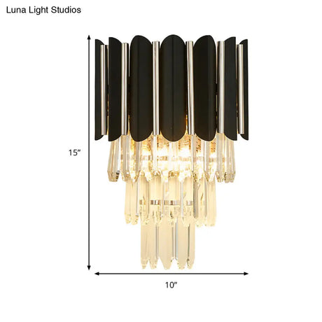 Modern Clear Crystal Wall Sconce Light - Black Tiered Design With 2 Lights