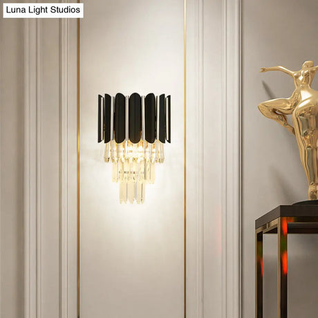 Modern Clear Crystal Wall Sconce Light - Black Tiered Design With 2 Lights