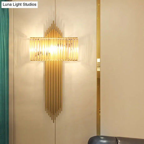 Modern Clear Crystal Wall Sconce With 2 Golden Lights For Bedside - 14.5/16.5 W Rectangular Lighting