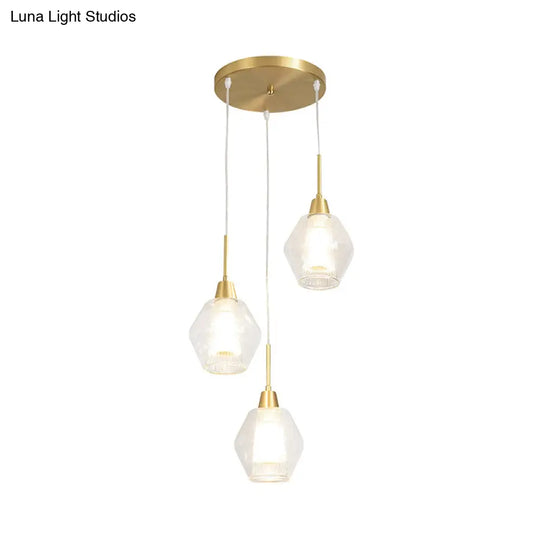 Modern Clear Glass 3-Bulb Gold Cluster Pendant Light - Dual-Shade Diamond Ceiling Hand Lamp