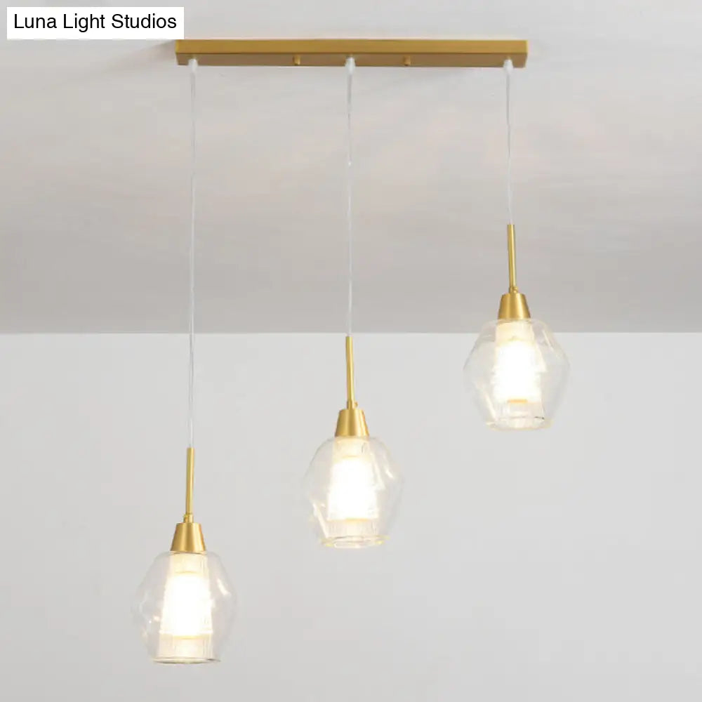 Modern Dual-Shade Diamond Ceiling Hand Lamp With Clear Glass 3-Bulb Gold Pendant Light