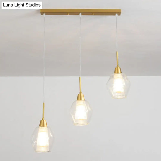 Modern Clear Glass 3-Bulb Gold Cluster Pendant Light - Dual-Shade Diamond Ceiling Hand Lamp