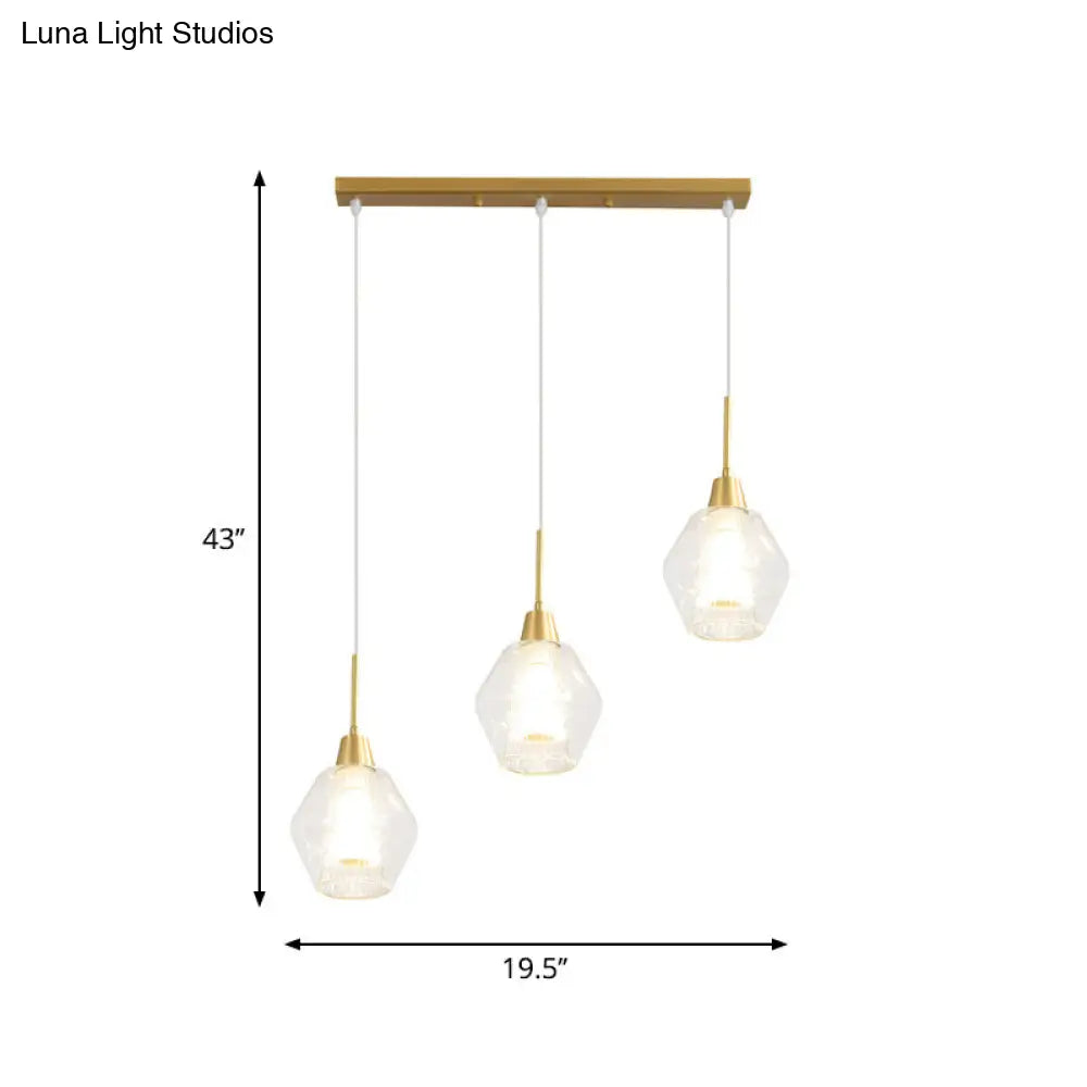 Modern Dual-Shade Diamond Ceiling Hand Lamp With Clear Glass 3-Bulb Gold Pendant Light