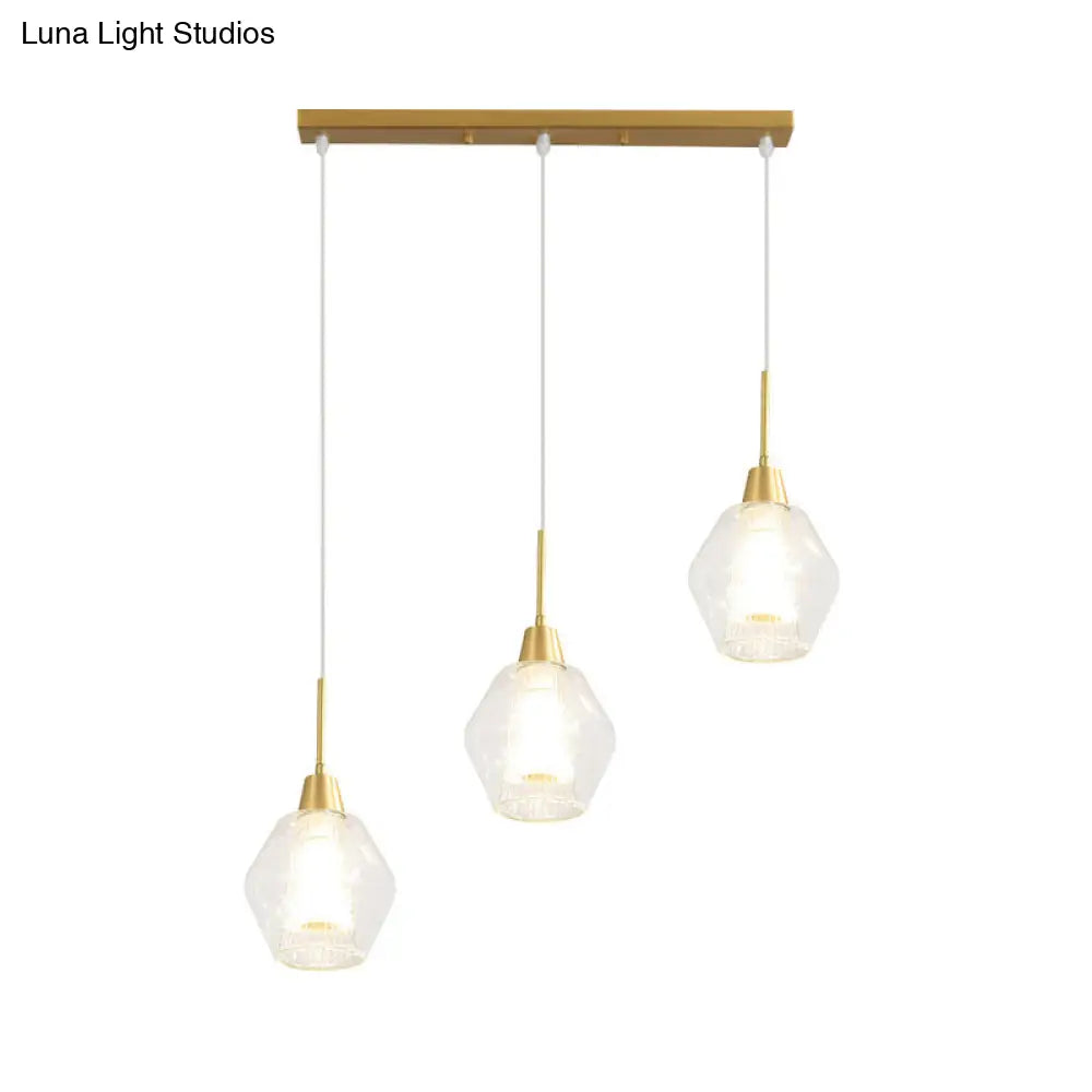 Modern Dual-Shade Diamond Ceiling Hand Lamp With Clear Glass 3-Bulb Gold Pendant Light