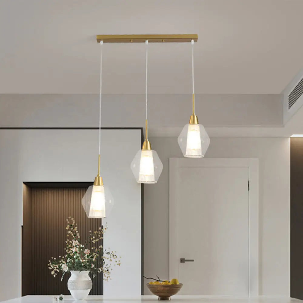 Modern Clear Glass 3-Bulb Gold Cluster Pendant Light - Dual-Shade Diamond Ceiling Hand Lamp / Linear