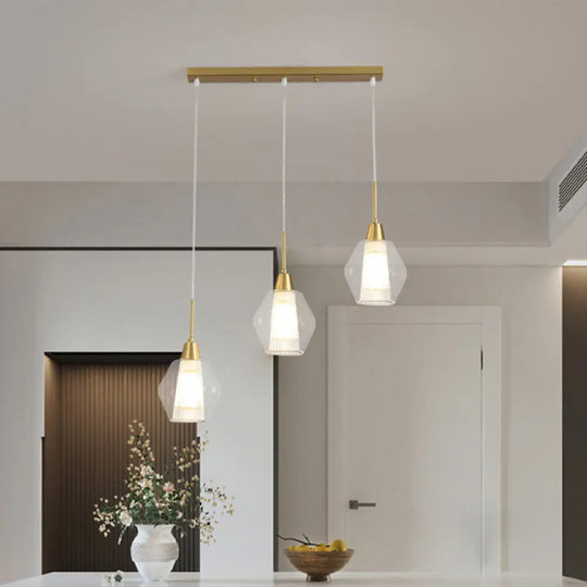 Modern Clear Glass 3-Bulb Gold Cluster Pendant Light - Dual-Shade Diamond Ceiling Hand Lamp / Linear