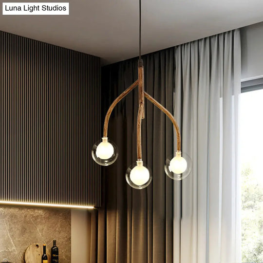 Clear Glass Beige Pendulum Chandelier With Vine Design - Molecular 3-Light Pendant For Warehouse