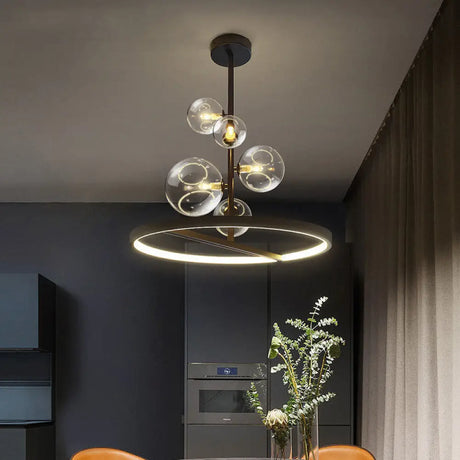 Modern Clear Glass Bubble Chandelier 5 Light Black Pendant Light with Loop Bottom Black / Large