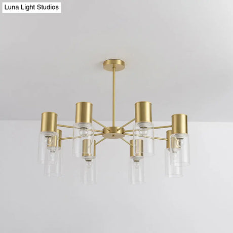 Modern Clear Glass Cylinder Hanging Lamp Kit - 6/8/10 Heads Brass Chandelier Fixture