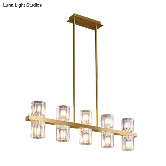 Modern Clear Glass Cylinder Island Light Fixture - 10 Head Gold Suspension Pendant For Restaurants