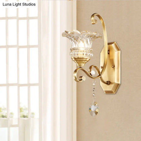 Modern Clear Glass Flower Sconce: Brass Wall Lamp With Crystal Accent - 1/2 Lights
