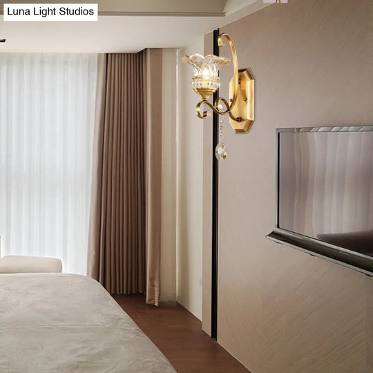 Modern Clear Glass Flower Sconce: Brass Wall Lamp With Crystal Accent - 1/2 Lights