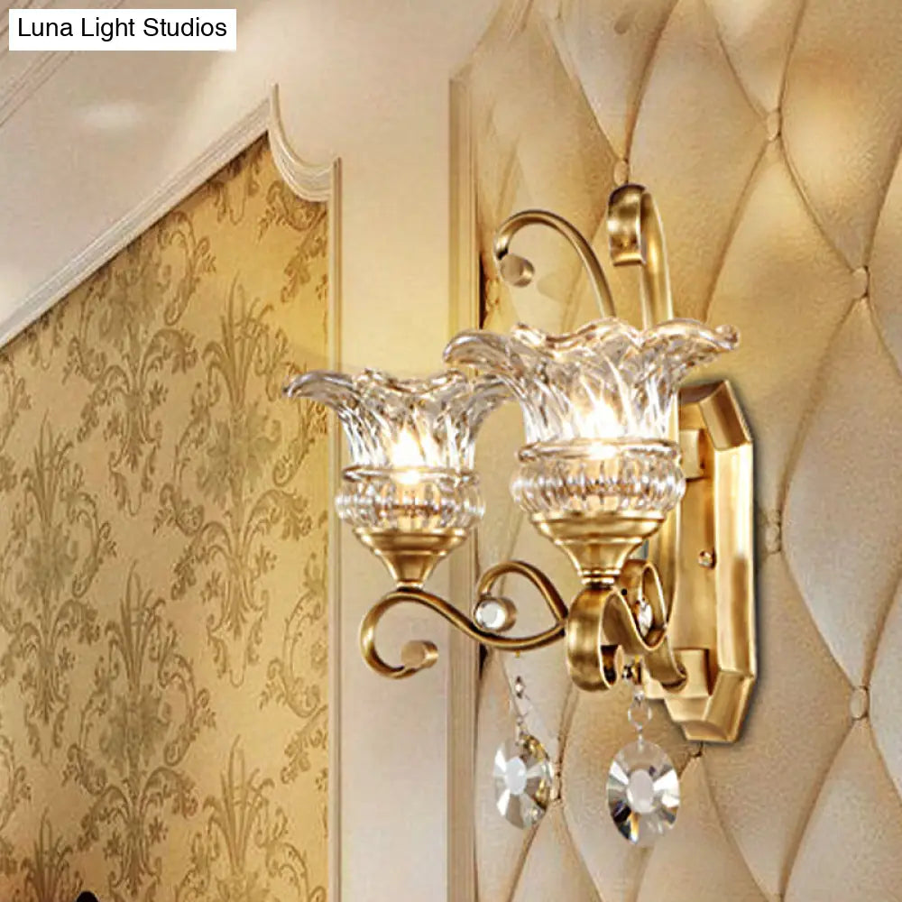 Modern Clear Glass Flower Sconce: Brass Wall Lamp With Crystal Accent - 1/2 Lights