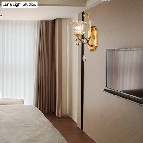 Modern Clear Glass Flower Sconce: Brass Wall Lamp With Crystal Accent - 1/2 Lights
