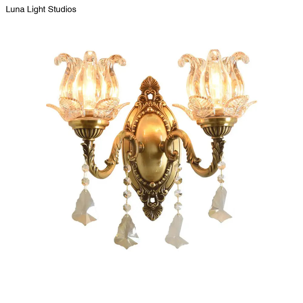 Modern Clear Glass Flower Wall Sconce Light With Crystal Drop - 1/2 Heads Brass Mounted