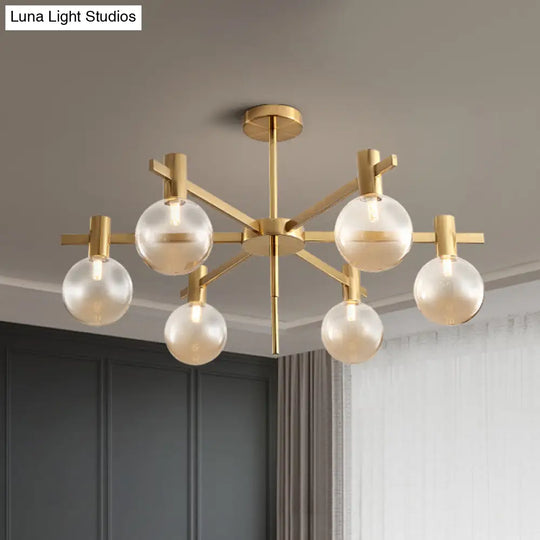 Post-Modern Led Chandelier With Clear Glass And Brass Finish - 6-Bulb Hanging Lamp Kit