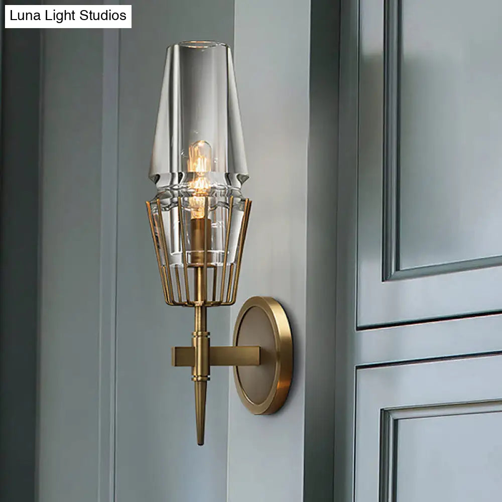 Modern Clear Glass Wall Sconce Tapered Design Gold Finish 1/2 Mount Lights