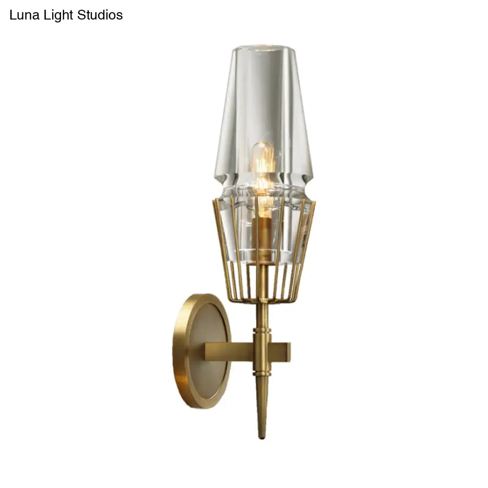 Modern Clear Glass Wall Sconce Tapered Design Gold Finish 1/2 Mount Lights